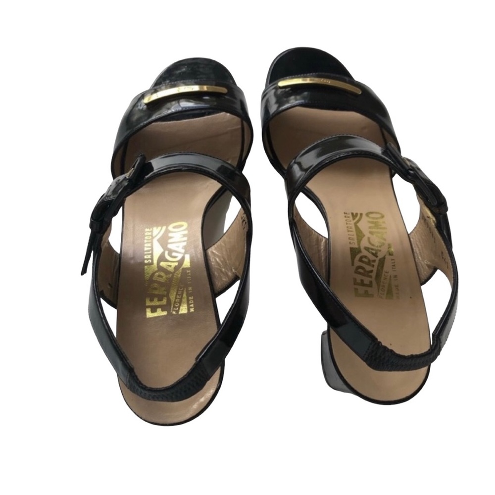 Salvatore Ferragamo Black Patent Leather Heeled Sandals Women’s Size 7.5 - Picture 9 of 12